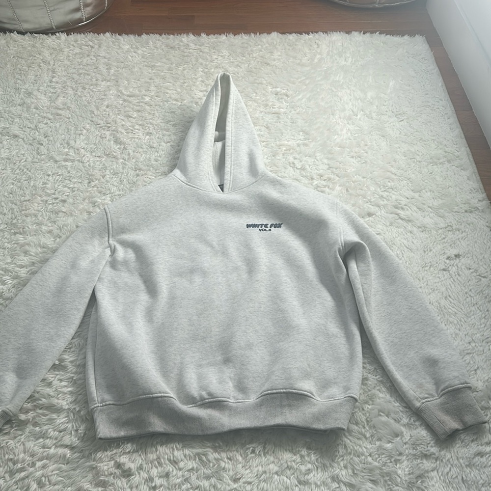 white fox grey hoodie with navy bubble letters front and back